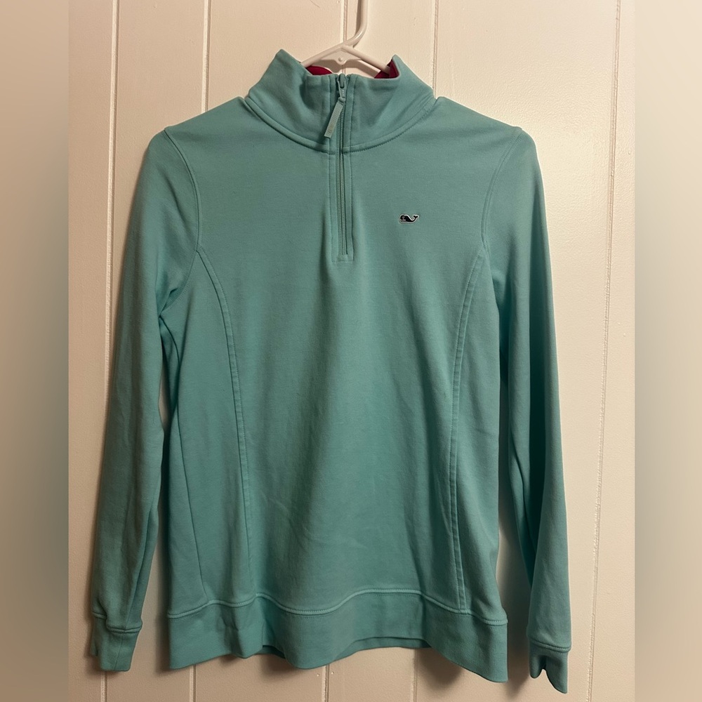 Vineyard Vines Women's Light Blue and Pink Quarter-Zip Sweater